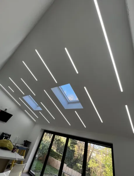 Linear LED lighting on a vaulted kitchen ceiling by a Preston electrician