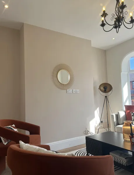 Living room lighting and sockets after an electrical rewire in Preston