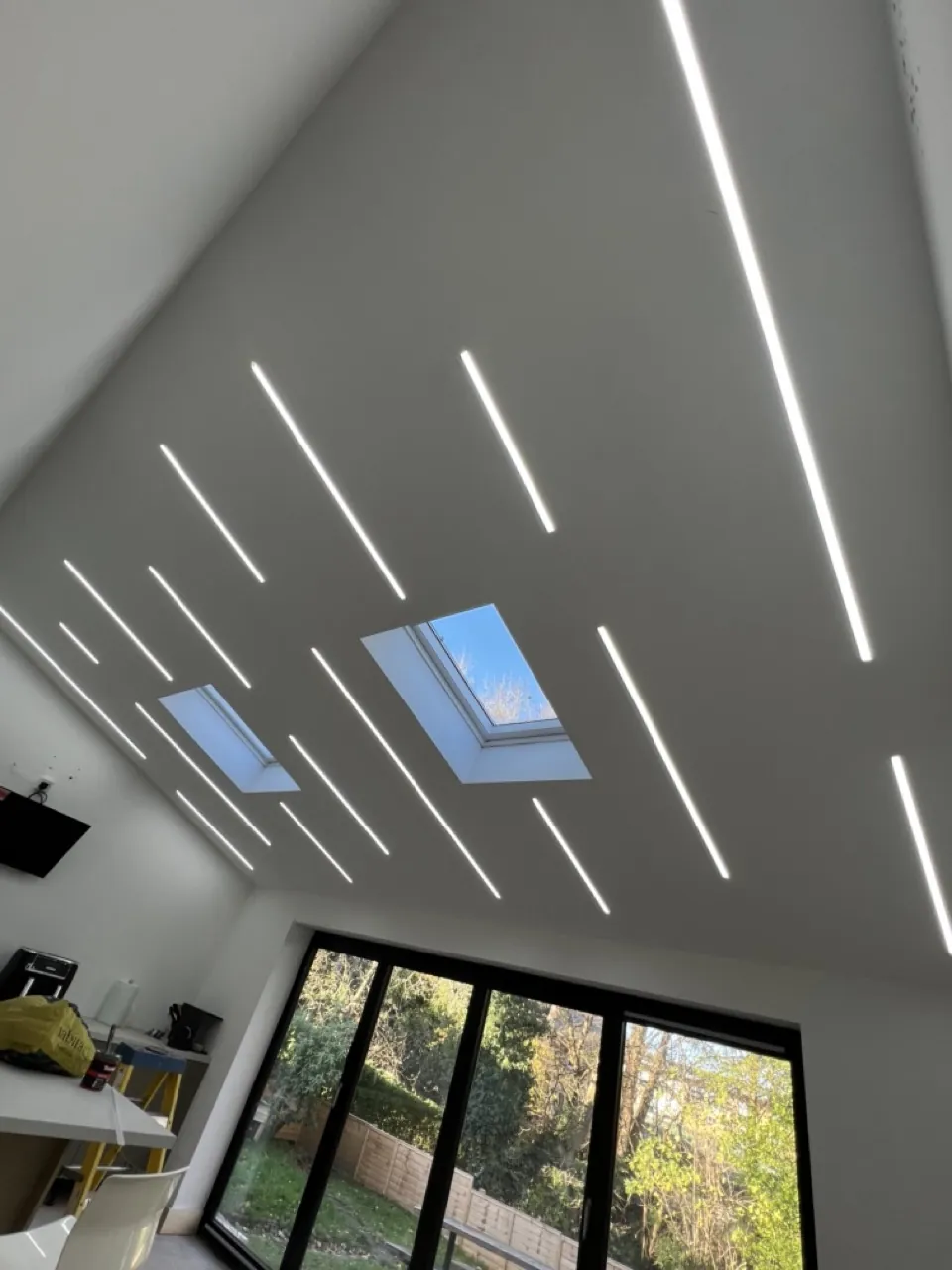 Electrician in Preston: LED ceiling lighting around skylights in a kitchen extension